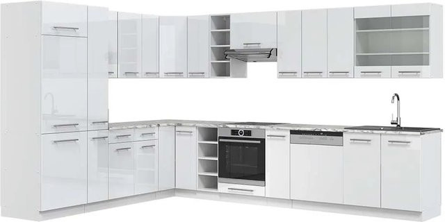 Vicco Fame-Line Eckküche in Weiß Hochglanz mit Marmor-Optik, Breite: 347 cm, Tiefe: 257 cm - Bild 1