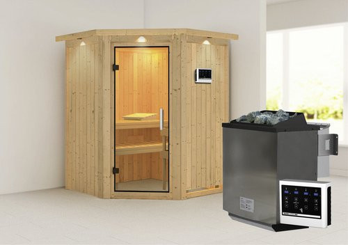 Karibu Tartu Bio-Kombi-Sauna für 3 Personen mit 9 kW Saunaofen und externer Steuerung, beige, B/T/H: 202 x 165 x 165 cm - Bild 1