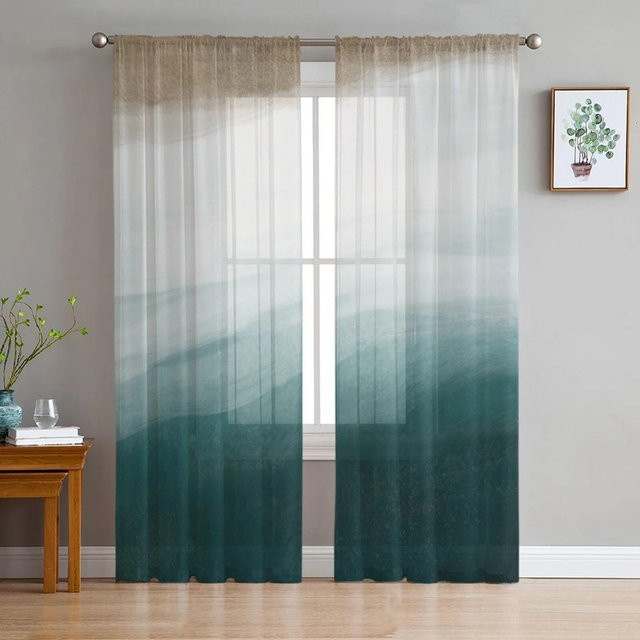 Your Warm Home Transparente Voile-Vorhänge mit Meer-Strand-Verlauf in Blau und Beige, 2er-Set, Breite: 135 cm, Höhe: 114 cm - Bild 1