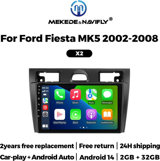 TomoStrong Android 14 Autoradio für Ford Fiesta MK5 2002 - 2008 mit 2GB RAM, 32GB Speicher, GPS, Bluetooth und kabellosem CarPlay in Schwarz - Bild 1