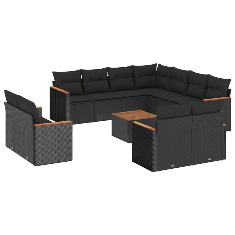 vidaXL 12-tlg. Garten-Sofagarnitur in L-Form aus Polyrattan und Akazienholz mit Kissen, Schwarz - Bild 2