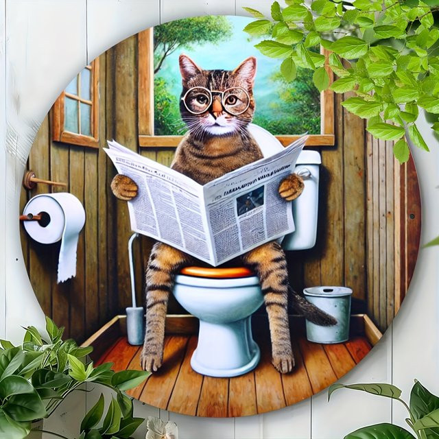 Metallschild Potdemiel Skurrile Katze liest Zeitung, Rund, Mehrfarbig, B/H: 20 x 20 cm - Bild 1
