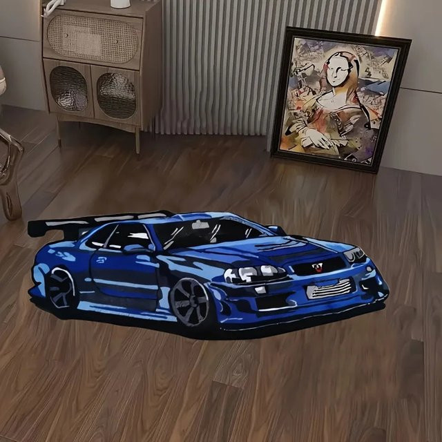 VIKAMA Cool Racing Track Teppich Blau, rutschfester und waschbarer Gaming-Teppich für Kinderzimmer und Schlafzimmer - Bild 1