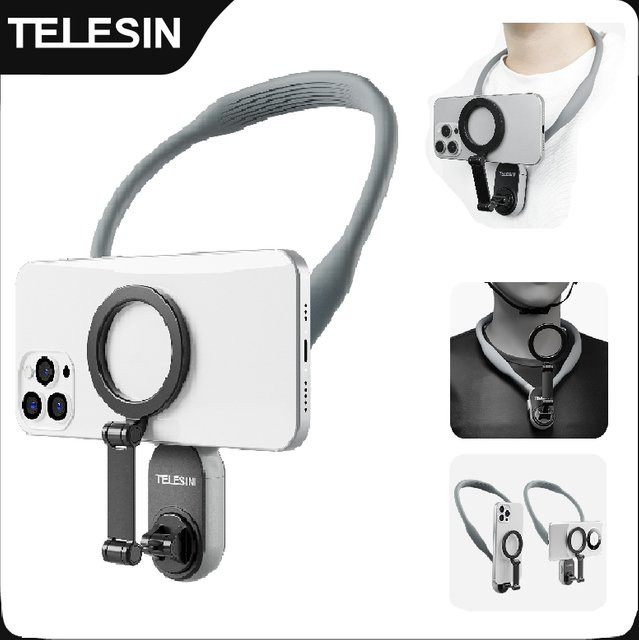 TELESIN Magnetische Silikon-Halshalterung für iPhone, Samsung, Huawei und Xiaomi in Grau mit Schnellverschluss - Bild 1