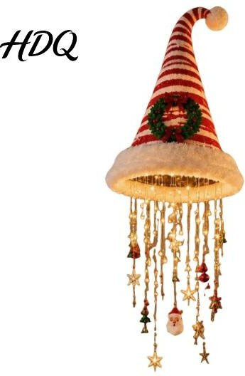 CAR COME Dekorative Hängeornamente für Deckenleuchten mit warmweißen LED-Lichterketten, Weihnachtsmannmützen-Anhänger aus Stoff in Beige mit Pailletten-Kegel-Design - Bild 1