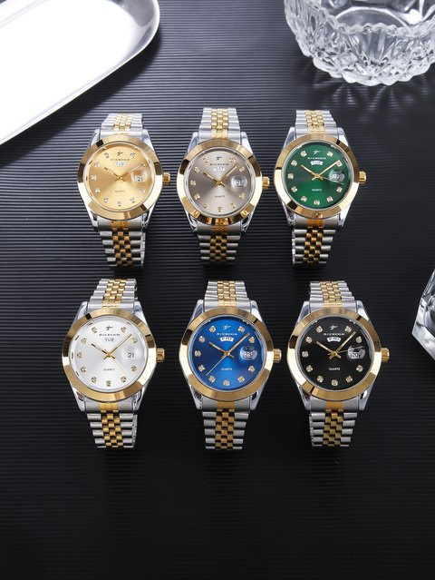 RICECGO Herren-Quarzarmbanduhr, Edelstahl, Diamant, Gold, Rund - Bild 1