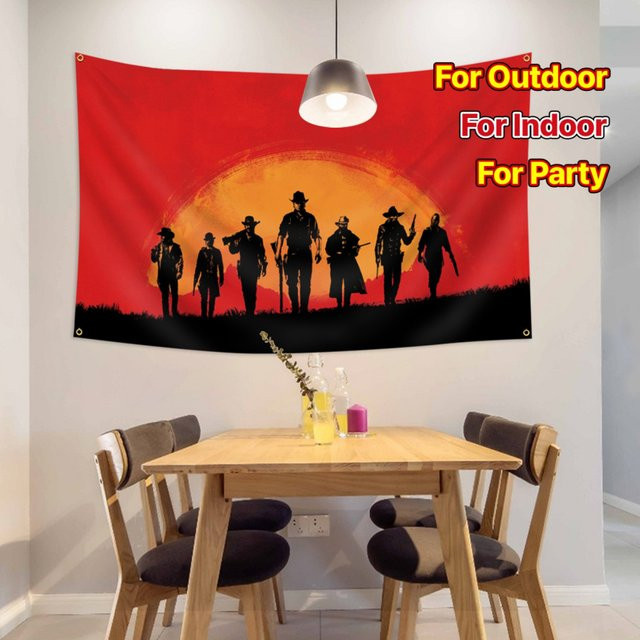 VIKAMA Red Dead Redemption Silhouette Wandteppich mit Western-Sonnenuntergang in Rot, B/H: 60 x 40 cm - Bild 1