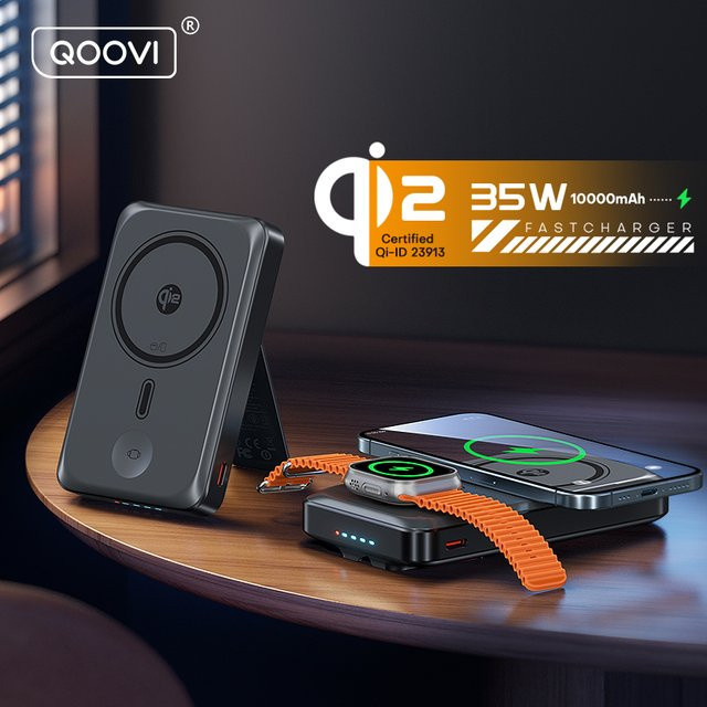QOOVI Qi2 Magnetische Powerbank 10000mAh mit 35W Schnellladefunktion für MagSafe und iPhone, Tragbares Ladegerät in Schwarz oder Grau - Bild 1