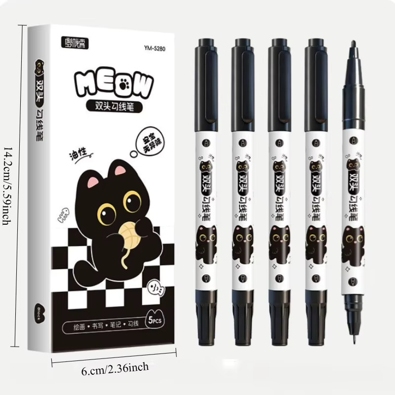 TWBEB 5 Stück Doppelspitzen-Zeichenstifte mit feiner Linie im schwarzen Katzen-Design, wasserfeste Manga-Marker für Kunststudenten, Farbe: Schwarz - Bild 5