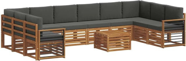 vidaXL Sofagarnitur aus Massivholz Akazie in Natur und Anthrazit, 11-teiliges L-Shape Set mit Polstern und Armlehnen - Bild 1
