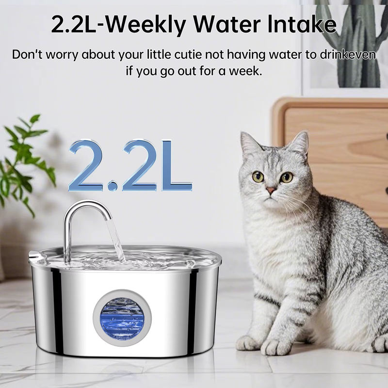 ZYfeeder Katzenbrunnen aus Edelstahl in Silber mit 2,2 Litern Fassungsvermögen, Wasserstandfenster und geräuschloser Wasserpumpe für Katzen und Welpen - Bild 5