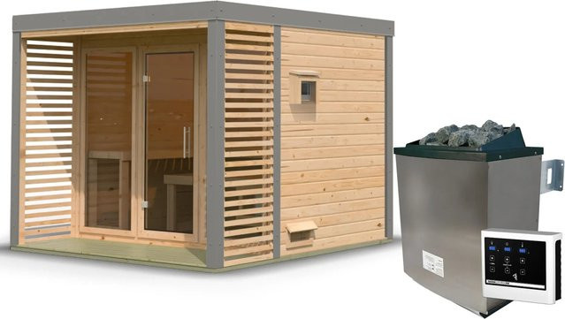 Karibu Saunahaus Seros Log Cabin aus nordischer Fichte und Espe mit 9 kW Ofen und Glas, Naturbelassen/Graualuminium, B/T/H: 1060 x 1060 x 38 cm - Bild 1