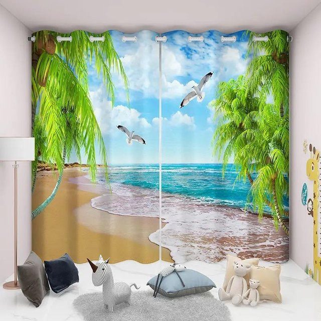 2er-Set Yiran Furniture 3D-Vorhänge mit Strandlandschaft, halbtransparent, Polyester, Mehrfarbig, B: 50 cm, H: 130 cm - Bild 1