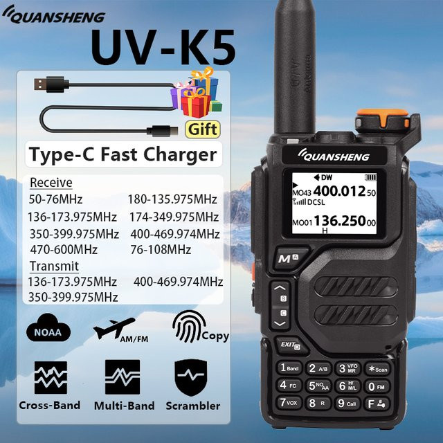 Quansheng UVK5 Walkie Talkie Vollband 50-600 MHz mit USB-C Ladegerät, Schwarz - Bild 1