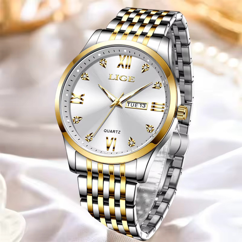 LIGE Armbanduhr Edelstahl, Quarz, Diamantbesetzt, Gold, Damen - Bild 3