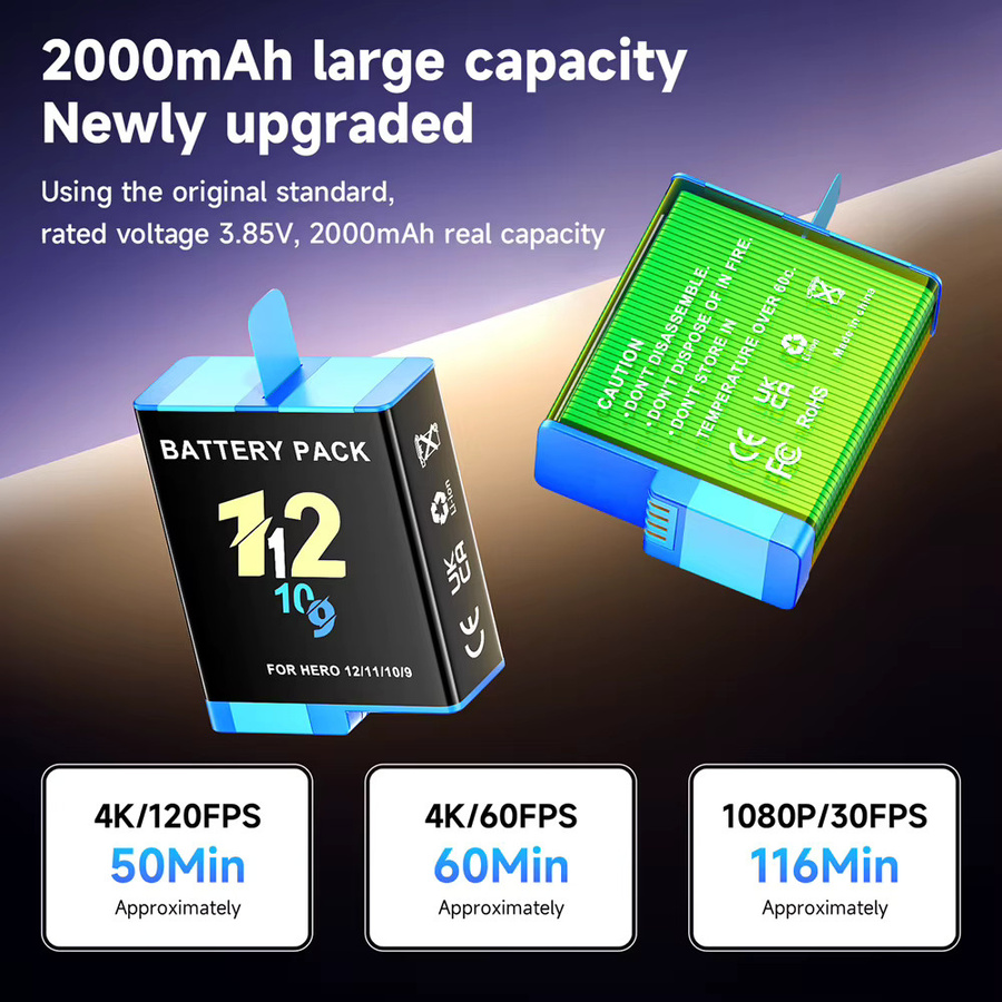 GoPro Ersatzakku-Set für Hero 12 11 10 9 mit 2000mAh Akku und 3-Slot-LED-USB-Schnellladegerät in Schwarz - Bild 2