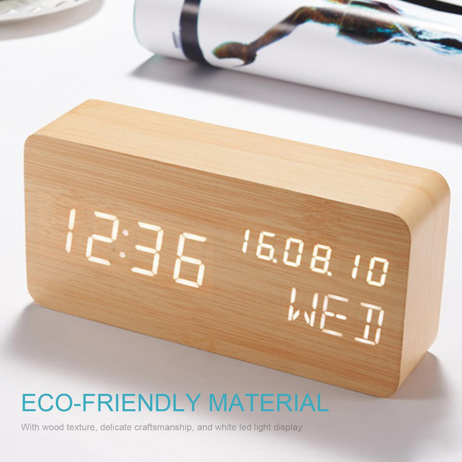 Digitaler Schreibtisch-Wecker von Tooarts aus Holz mit Sprachsteuerung, LED-Anzeige, Datum, Temperatur und Hygrometer in Schwarz - Bild 2