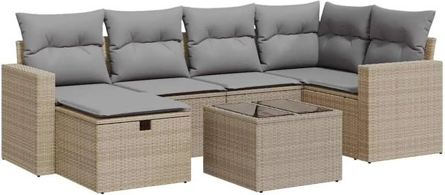 vidaXL 7-teilige Garten-Sofagarnitur in L-Form mit Kissen und Tisch, Beige/Grau, Poly-Rattan und Metallgestell - Bild 1