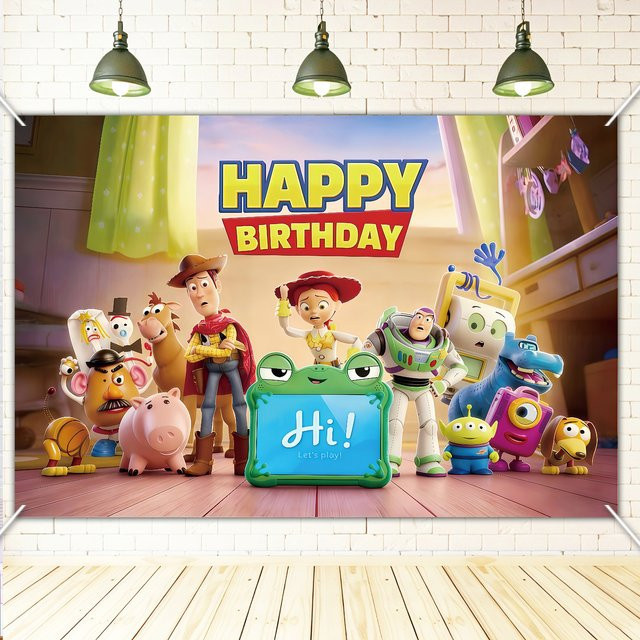 Disney Toy Story Happy Birthday Fotohintergrund für Kindergeburtstage, mehrfarbiges Cartoon-Banner aus Textil - Bild 1