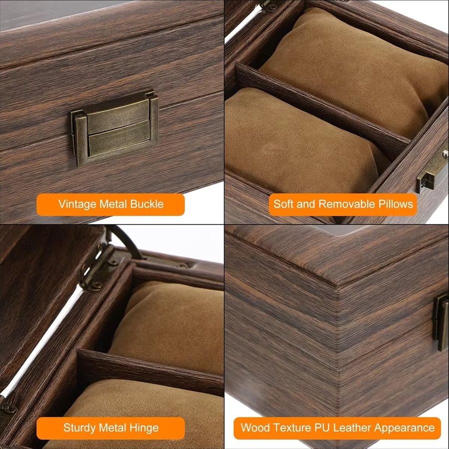 OAKCHARM Retro Uhrenbox aus PU-Leder in Holzmaserung als Organizer und Display für deine Uhrensammlung - Bild 5