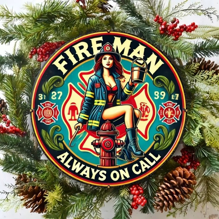 CIFBUY Vintage Feuerwehrmann-Blechschild, runde Metall-Wanddekoration im Retro-Stil, Mehrfarbig, Durchmesser: 20,3 cm - Bild 3