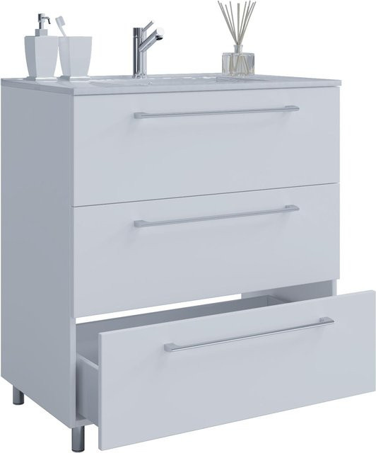 VCM Badmöbel Set Badinos 2-tlg. Waschplatz mit Keramik-Waschbecken und Unterschrank mit 3 Schubladen, Weiß, B/H/T: 80 x 86 x 46 cm - Bild 1
