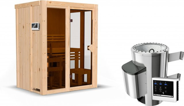Karibu Sauna IRAVA aus nordischer Fichte und Espe mit 3,6 kW Ofen und externer Steuerung, B/T/H: 155 x 122 x 198 cm - Bild 1
