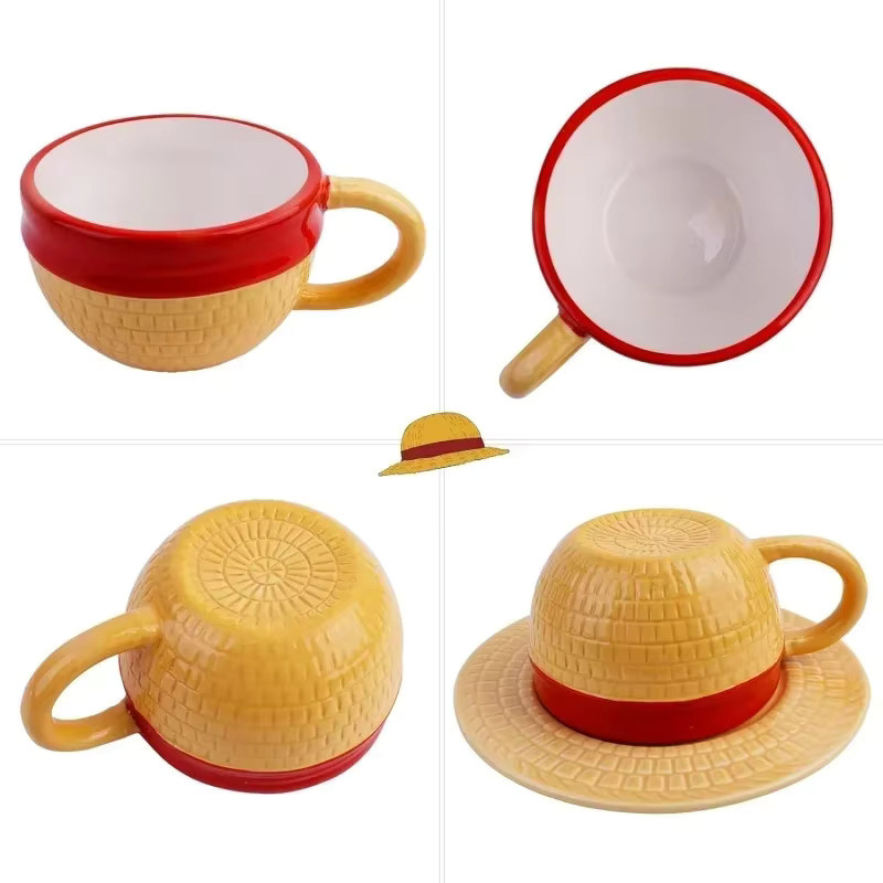 JUSTINLAU Anime Kaffeetasse mit Untertasse aus Keramik in Gelb mit Hut-Relief-Design - Bild 3