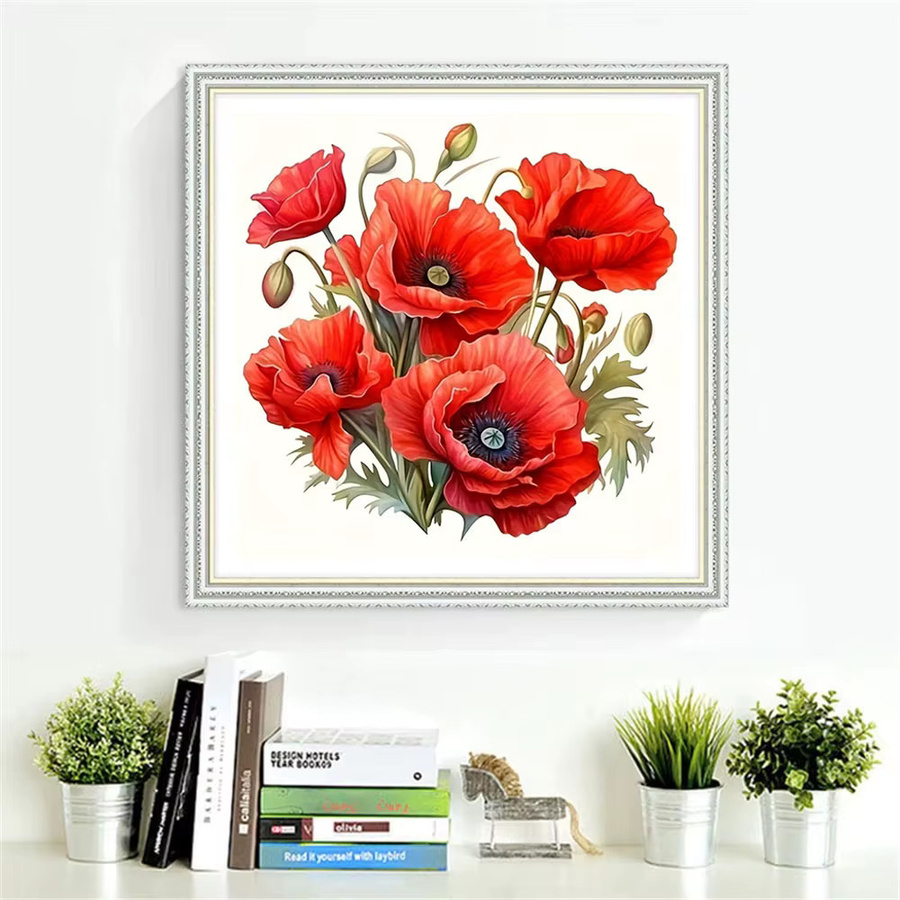 HUACAN Kreuzstich-Set mit floralem Rosen- und Mohnblumen-Motiv, 11CT DIY-Stickerei-Set für deine handgefertigte Leinwandkunst, B/H: 30 x 30 cm - Bild 3