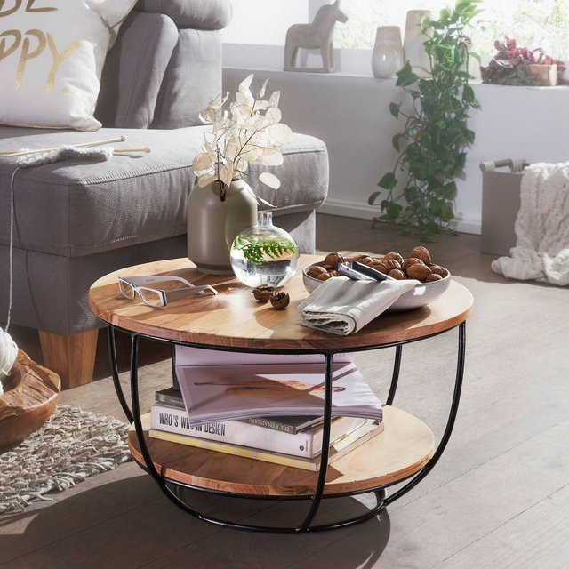 FineBuy Couchtisch aus Akazie Massivholz rund in Braun im Industrial Design Durchmesser: 60 cm - Bild 1