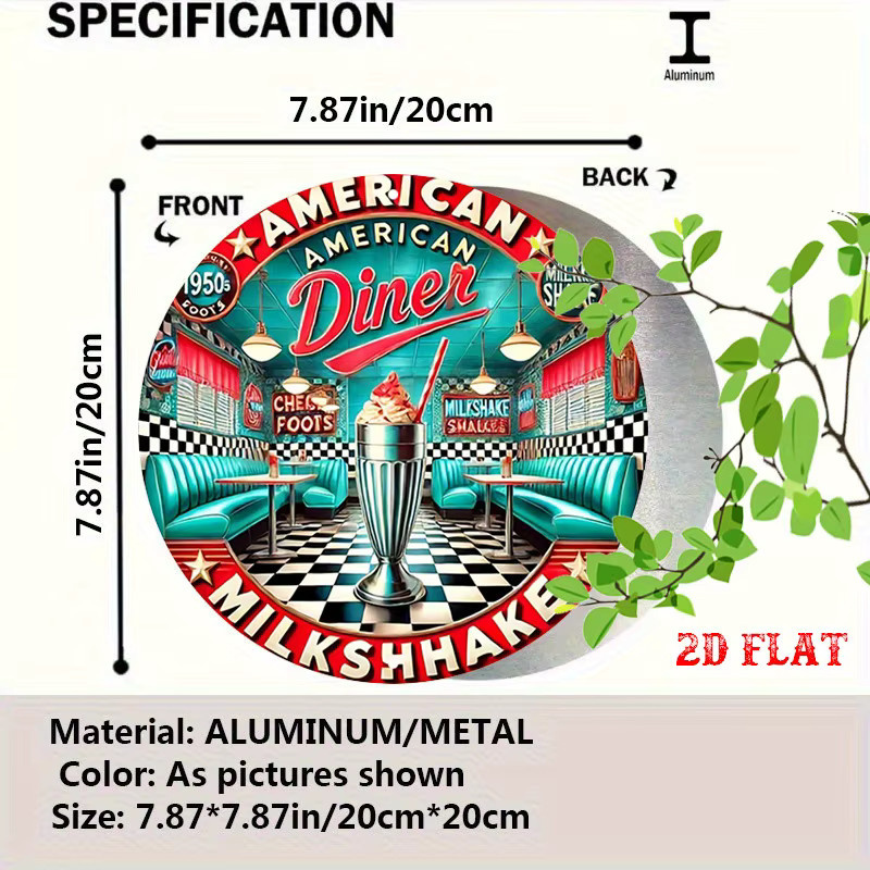 Potdemiel Vintage 1950er Jahre American Diner Milkshake Rundes Aluminiumschild aus Metall, Wanddekoration Mehrfarbig, Durchmesser: 20 cm - Bild 2