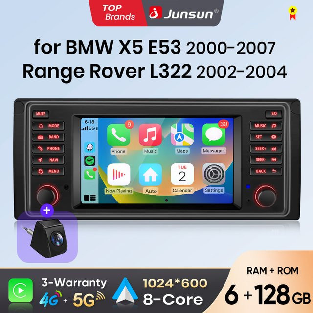 Junsun 7-Zoll Kabelloses CarPlay und Android Auto Autoradio für BMW 5er E39 X5 E53 M5 in Schwarz mit IPS Touchscreen und Multimedia-Funktionen - Bild 1