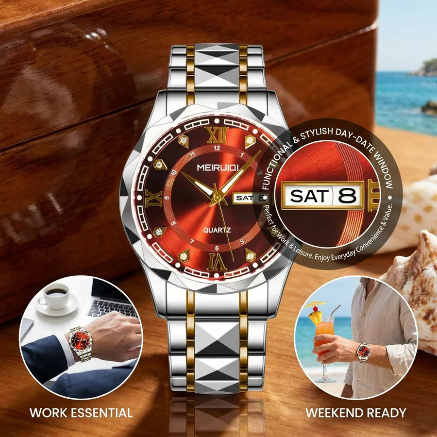 MEIRUIQI Armbanduhr, Quarz, rotes Zifferblatt, Legierungsarmband, Herren - Bild 3