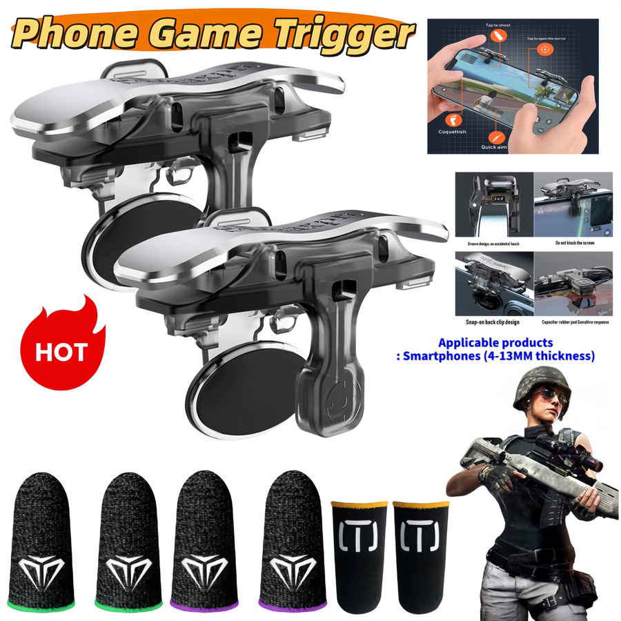 APWIKOGER X8 Handy-Spiel Trigger für PUBG und Mobile Gaming, 6-Finger-Trigger in Schwarz, passend für Smartphones mit 4-13mm Dicke - Bild 2