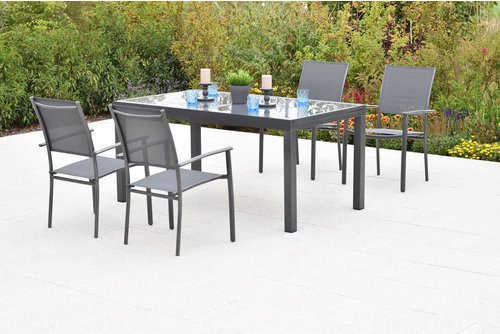 Merxx Gartenmöbel-Diningset Milano 5-tlg. in Grau mit ausziehbarem Glastisch und 4 Stapelsesseln aus Aluminium - Bild 1