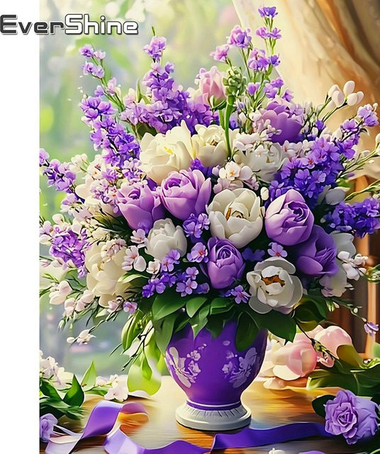 Evershine Diamantstickerei Set Rose in Violett mit Vollbohrern und runden Steinen für Mosaik-Kreuzstich-Malerei - Bild 1