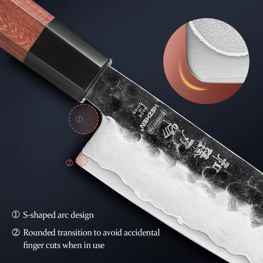 Hezhen Santoku Messer aus 3-lagigem Verbundstahl mit rotem Holzgriff, 13,97 cm - Bild 2