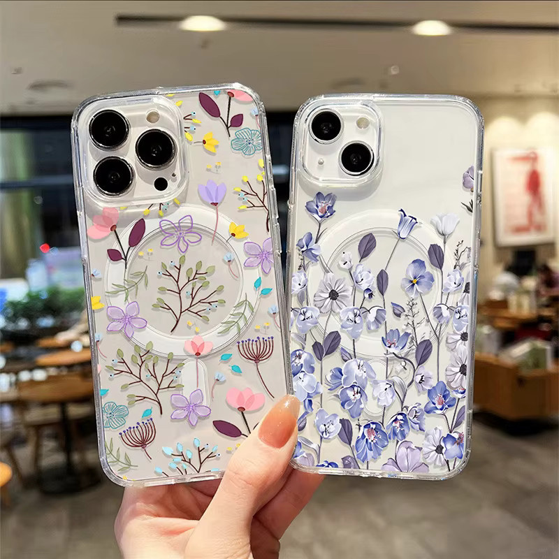 Transparente MagSafe Handyhülle mit Blumenmuster für Apple iPhone 11 12 13 14 15 16 17 Pro Max und Air, magnetische kabellose Ladehülle mit weicher Abdeckung - Bild 2