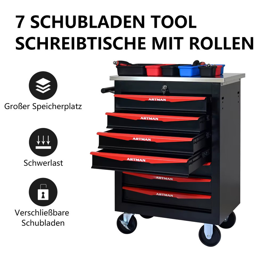 BLACK&RED Werkzeugwagen aus Metall mit 7 Schubladen und Edelstahldach, Schwarz & Rot, B/T/H: 78,0 x 56,5 x 34,5 cm - Bild 2