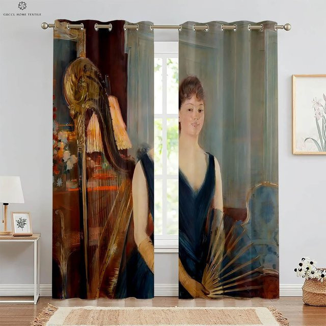 Klassisches Ölgemälde Vorhang mit 3D-Druck für Schlafzimmer und Wohnzimmer, Set aus 2 Stück, halbtransparent, Mehrfarbig, B: 50 cm, H: 130 cm - Bild 1