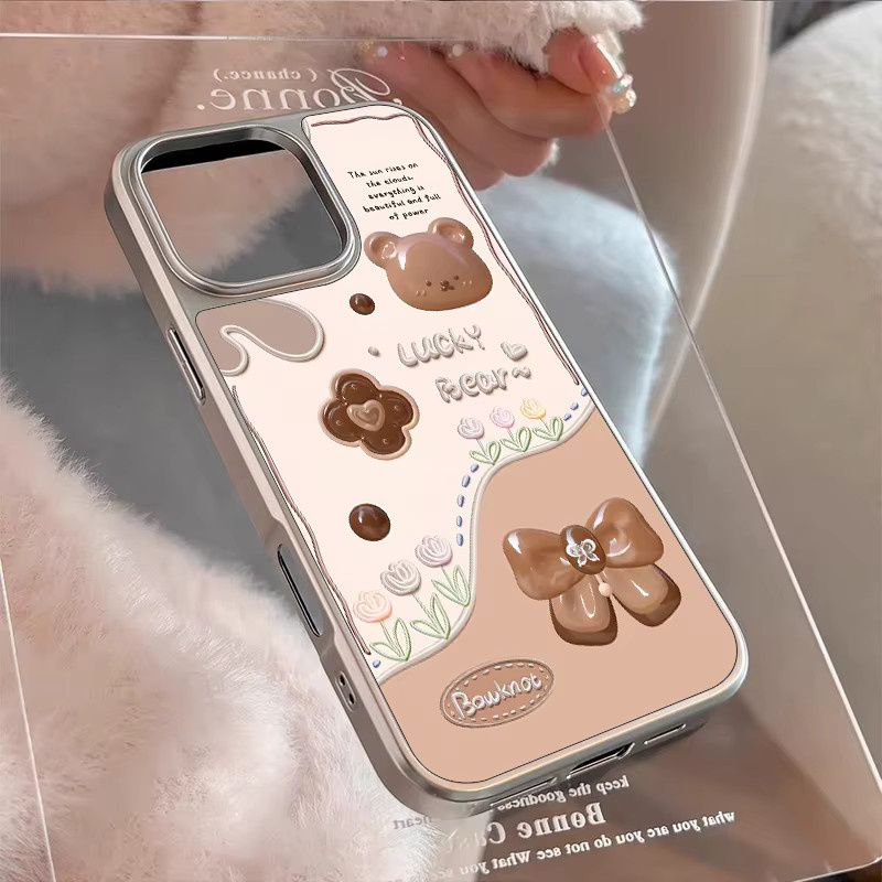 DecoPhone Stoßfeste Handyhülle im koreanischen Stil mit niedlichem Cartoon-Kaffeebär, mattierte Rückwand und silbernem Rand für iPhone 17, 16, 15, 14 Pro Max, Farbe: Silber - Bild 5