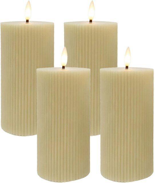 Relaxdays LED Echtwachs Stumpenkerzen 4er Set Beige mit Flackerndem Effekt und Rillen-Design, Höhe: 18 cm - Bild 1