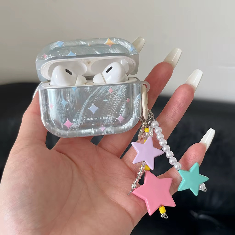 Exquisite Kopfhörer-Schutzhülle für Apple AirPods 1 2 3 4 Pro 2 Pro 3 mit buntem Sternen-Design und Silber-Feder-Textur sowie Anhänger - Bild 2