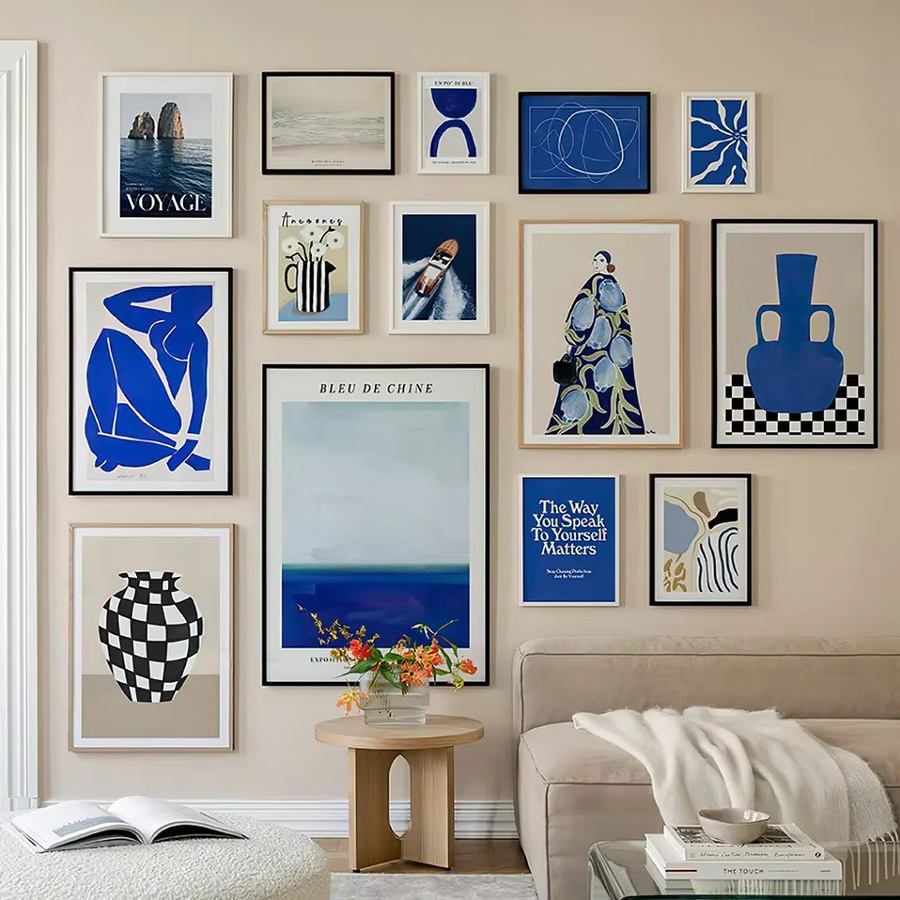 Potdemiel Abstrakte Leinwandmalerei Blau mit Blumen und Vase als modernes Wandbild für dein Wohnzimmer - Bild 3