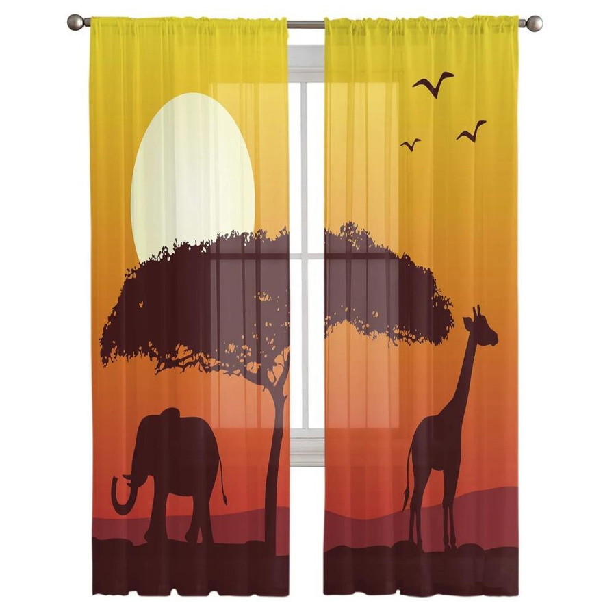 Yiran Furniture Transparente Voile Organza Vorhänge mit Elefant Giraffe Sonne Baum Motiv, B: 135 cm, H: 115 cm - Bild 1