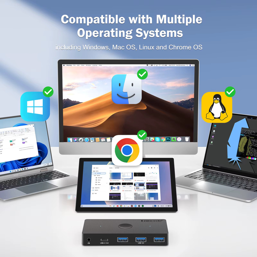 Lemorele USB 3.0 Switch 2 in 5 out Umschalter für Windows Laptop und PC in Schwarz zur Steuerung von Tastatur, Maus und Drucker für 2 PCs und 3 Geräte - Bild 5