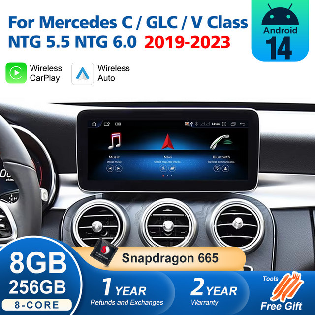 Nunoo Android 14 Multimedia Radio mit drahtlosem CarPlay für Mercedes C GLC V W205 X253 W447 NTG 5,5 NTG 6,0 Schwarz - Bild 1