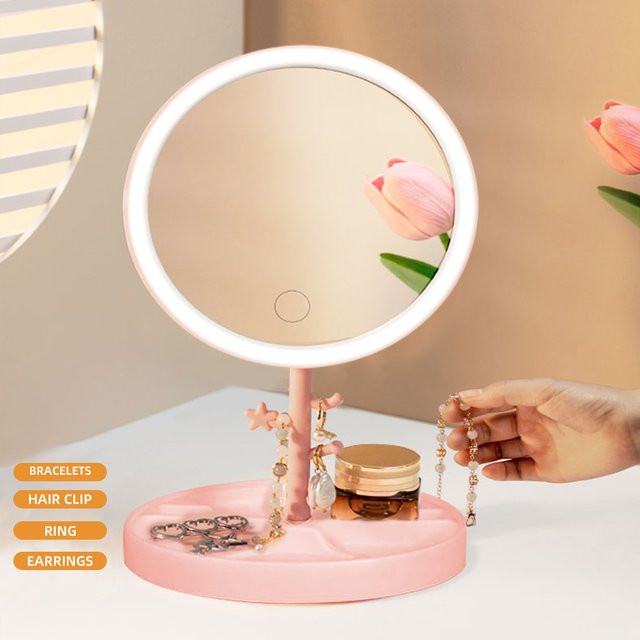 Heinast LED Make-up Spiegel mit Ständer, runder Schminkspiegel in Weiß mit Touch-Bedienung und wiederaufladbarem Akku - Bild 1