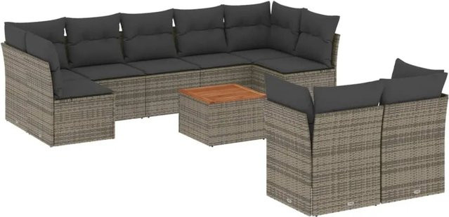 vidaXL 10-teilige Garten-Sofagarnitur in L-Form aus Poly-Rattan und Akazienholz mit Kissen, Grau - Bild 1