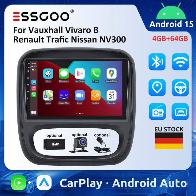 ESSGOO 9 Zoll Android Autoradio mit Carplay und Android Auto für Vauxhall Vivaro B, Renault Trafic und Nissan NV300, Schwarz, 4GB RAM - Bild 1